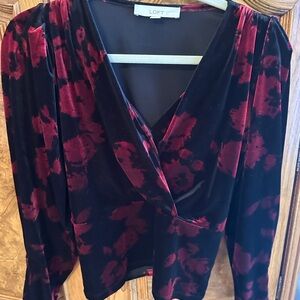 LOFT Velvet Black and Burgundy Wrap Top